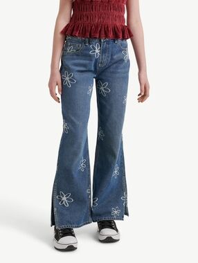 NWT- Justice Wide Flare Medium Blue Jeans with White Floral Design Girls Size 10